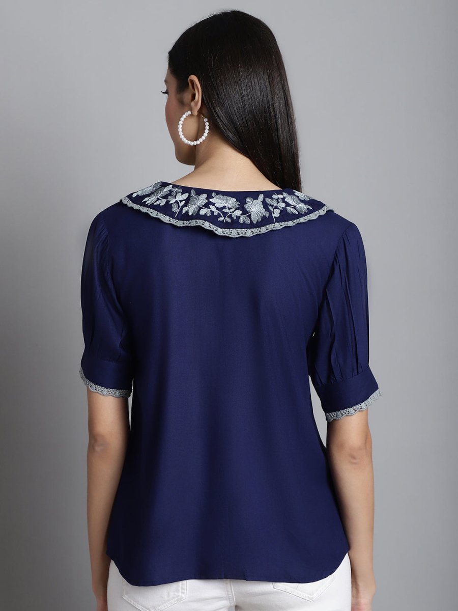Embroidered Peter Pan Collar Top - JNT_2018Navy_XS