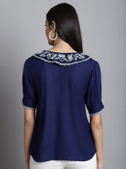 Embroidered Peter Pan Collar Top - JNT_2018Navy_XS