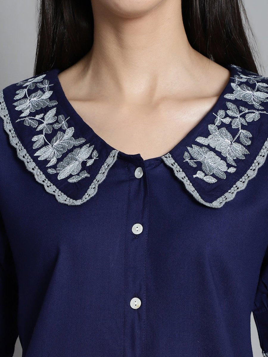 Embroidered Peter Pan Collar Top - JNT_2018Navy_XS