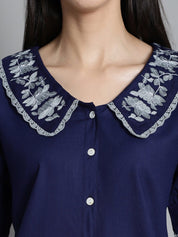 Embroidered Peter Pan Collar Top - JNT_2018Navy_XS