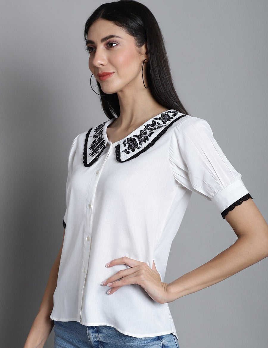 Embroidered Peter Pan Collar Top - JNT_2018White_XS