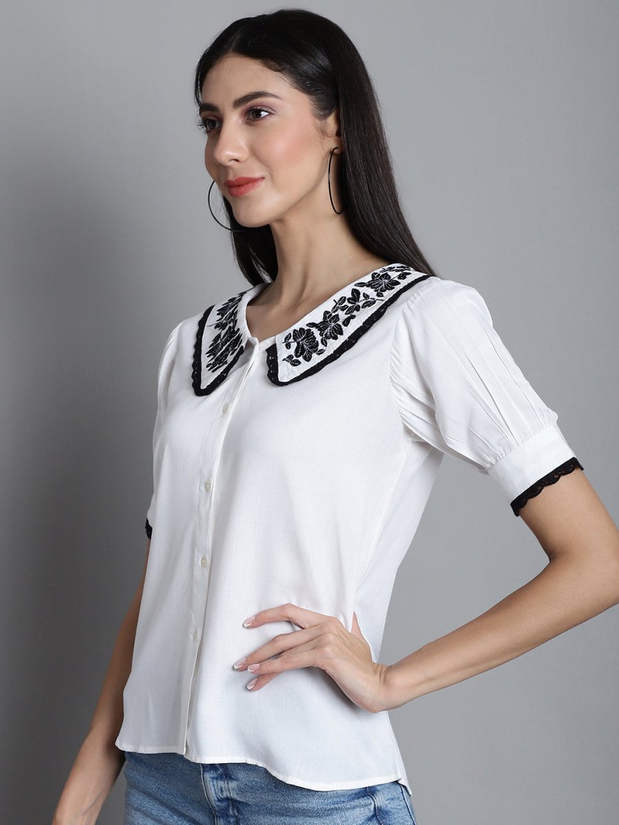 Embroidered Peter Pan Collar Top - JNT_2018White_XS