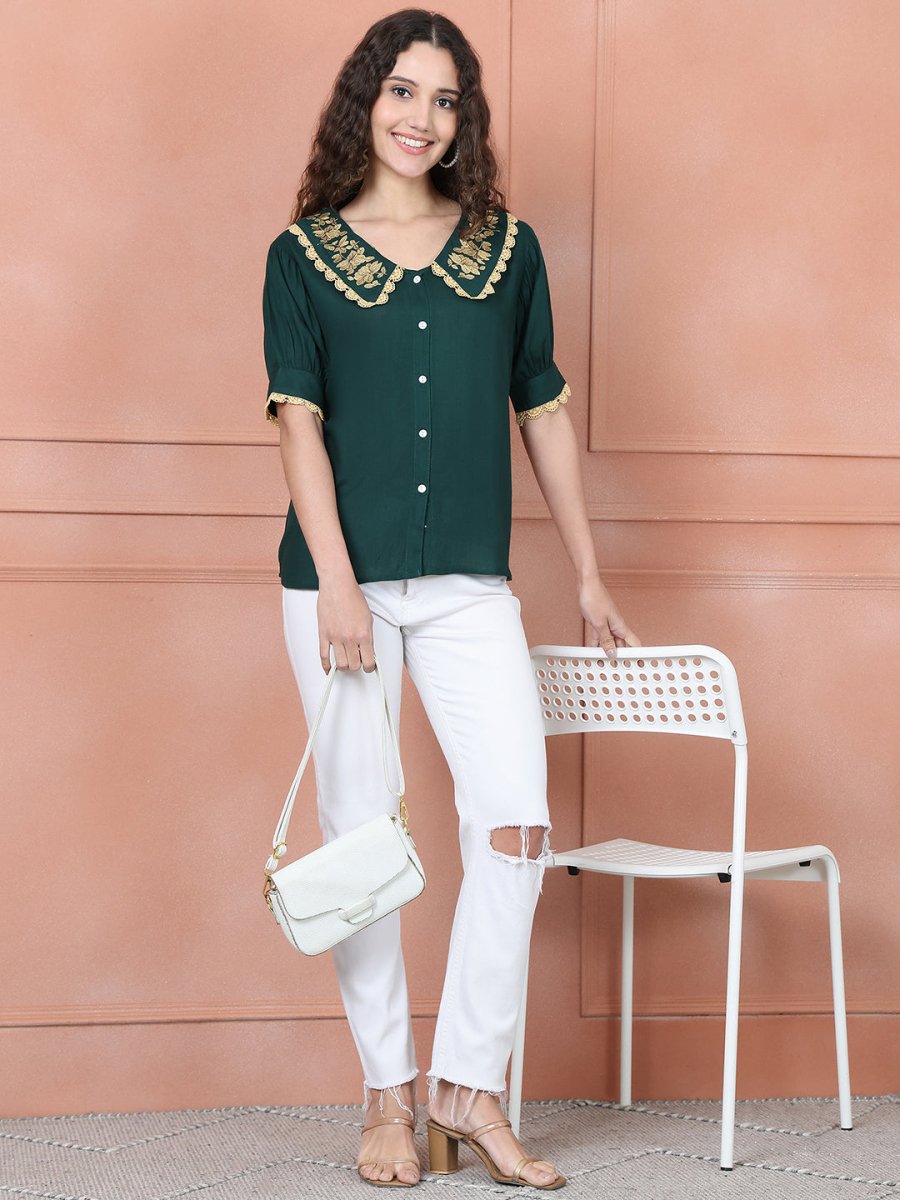 Embroidered Peter Pan Collar Top - JNT_2018Olive_XS