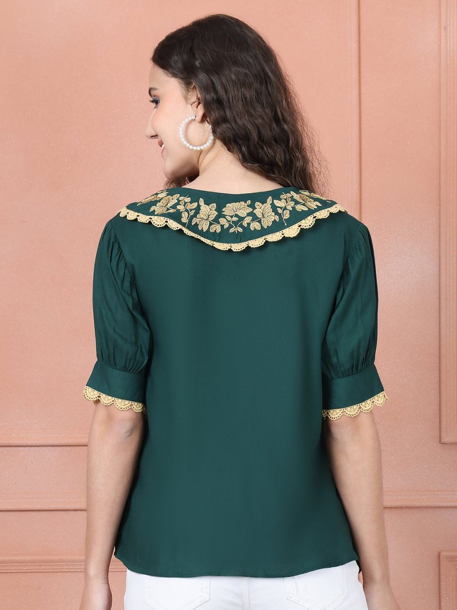 Embroidered Peter Pan Collar Top - JNT_2018Olive_XS