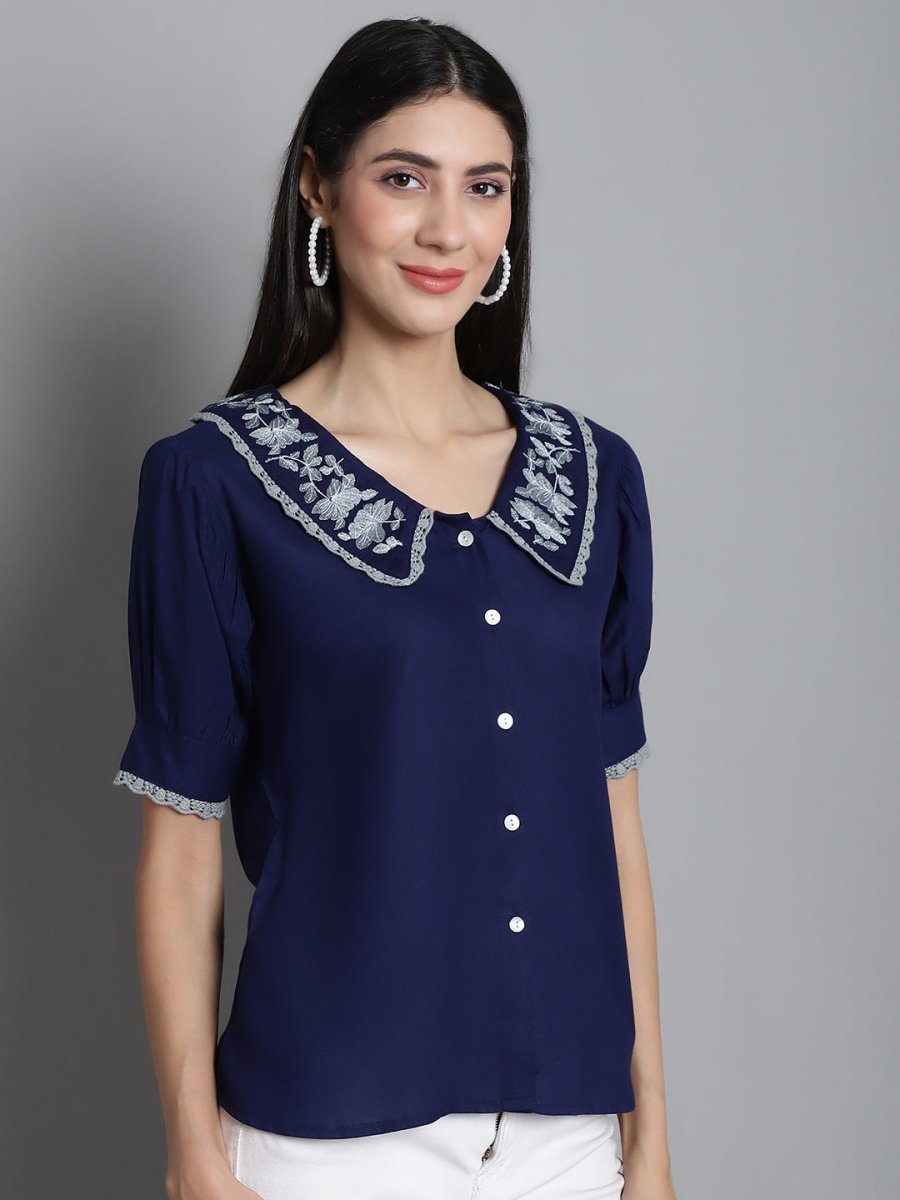 Embroidered Peter Pan Collar Top - JNT_2018Navy_XS