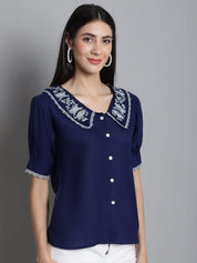 Embroidered Peter Pan Collar Top - JNT_2018Navy_XS