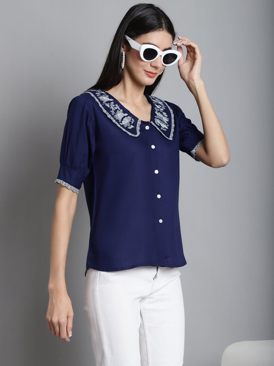Embroidered Peter Pan Collar Top - JNT_2018Navy_XS
