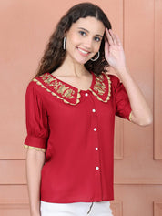 Embroidered Peter Pan Collar Top - JNT_2018Red_XS