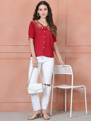 Embroidered Peter Pan Collar Top - JNT_2018Red_XS