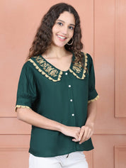 Embroidered Peter Pan Collar Top - JNT_2018Olive_XS