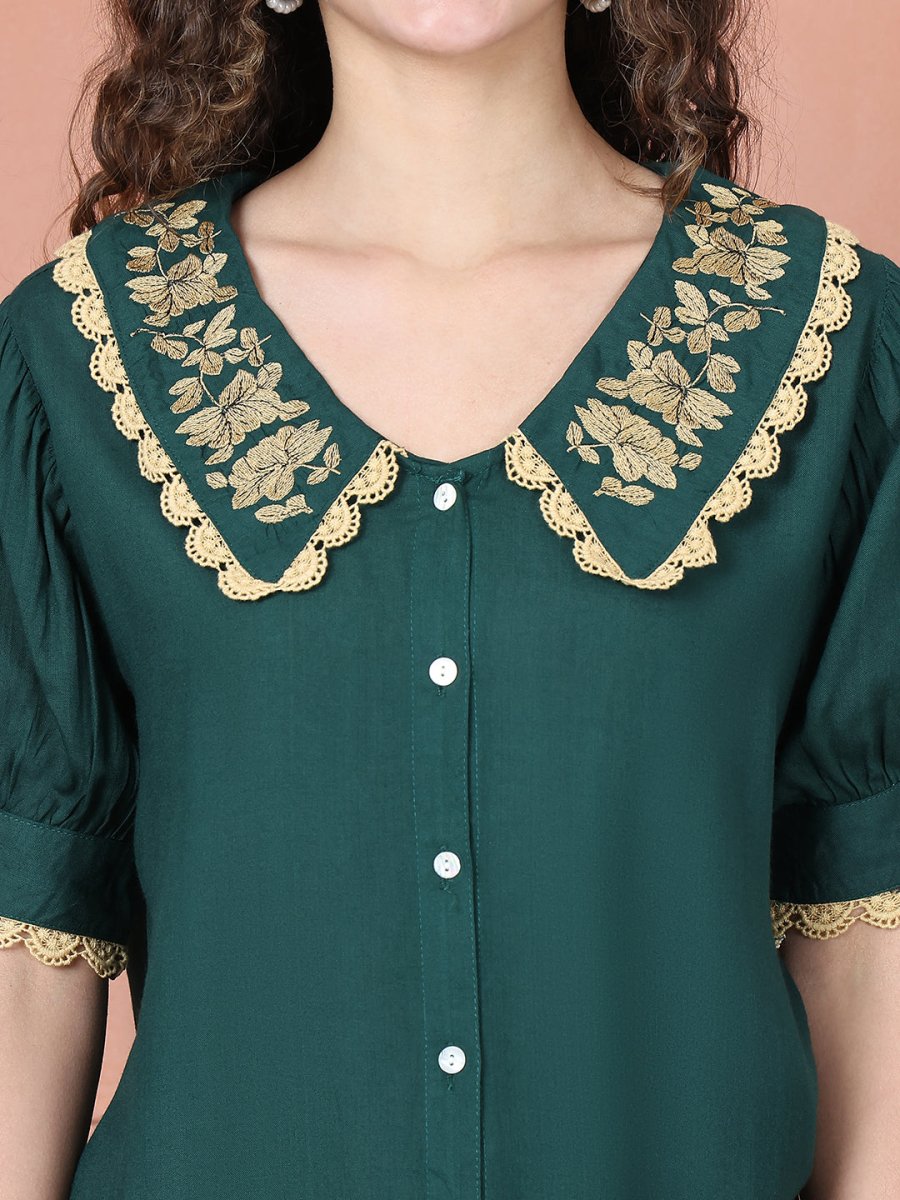 Embroidered Peter Pan Collar Top - JNT_2018Olive_XS