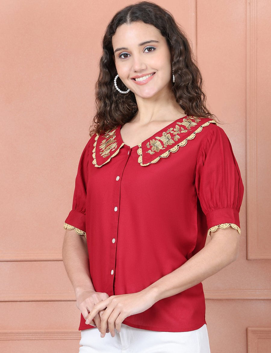 Embroidered Peter Pan Collar Top - JNT_2018Red_XS