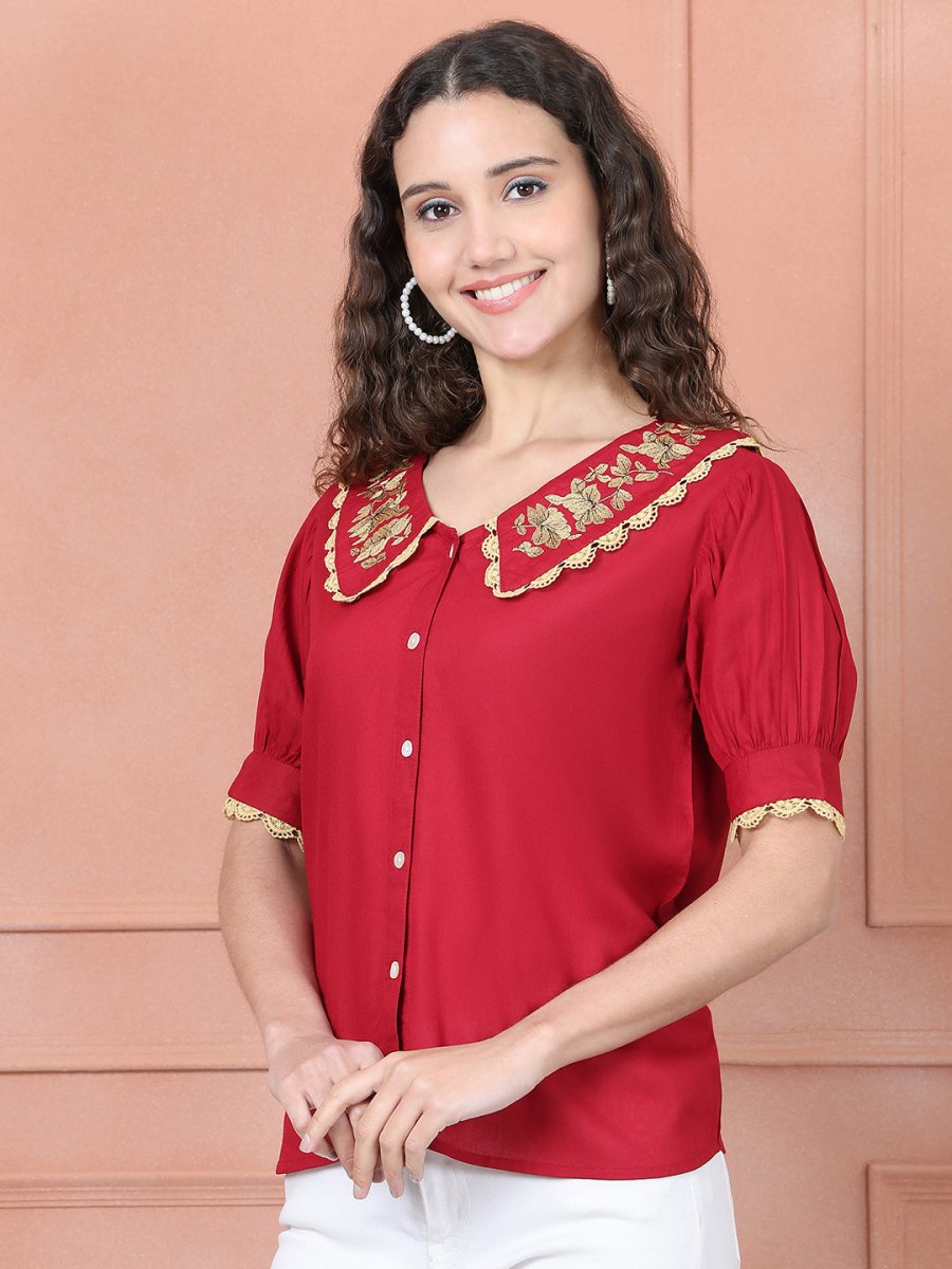 Embroidered Peter Pan Collar Top - JNT_2018Red_XS