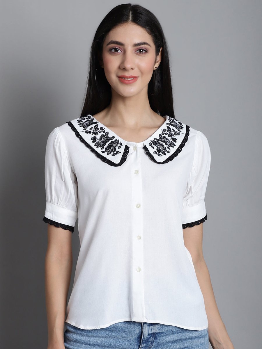 Embroidered Peter Pan Collar Top - JNT_2018White_XS