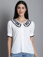 Embroidered Peter Pan Collar Top - JNT_2018White_XS