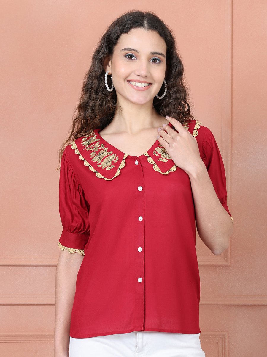 Embroidered Peter Pan Collar Top - JNT_2018Red_XS
