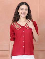 Embroidered Peter Pan Collar Top - JNT_2018Red_XS