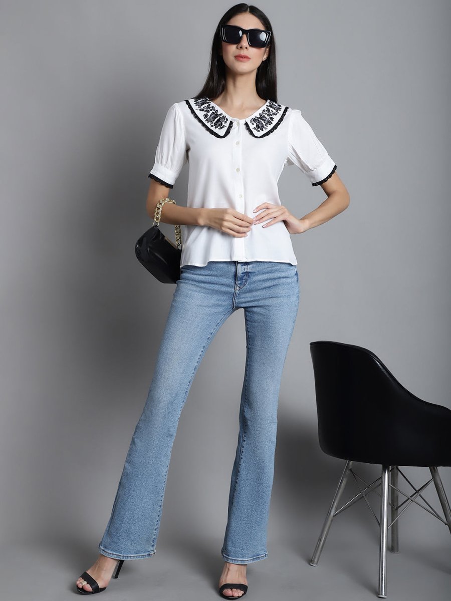 Embroidered Peter Pan Collar Top - JNT_2018White_XS