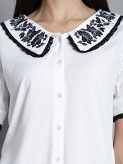 Embroidered Peter Pan Collar Top - JNT_2018White_XS