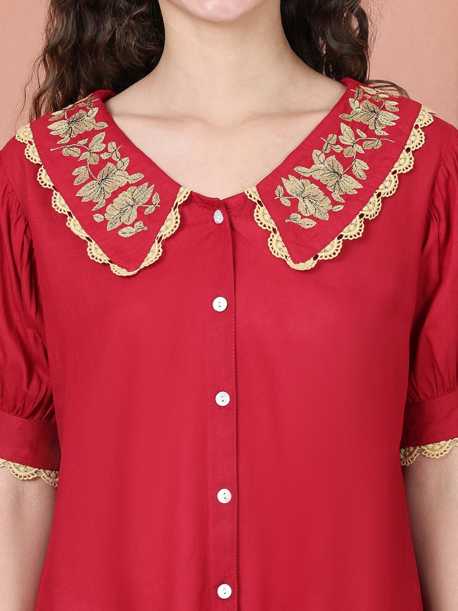 Embroidered Peter Pan Collar Top - JNT_2018Red_XS