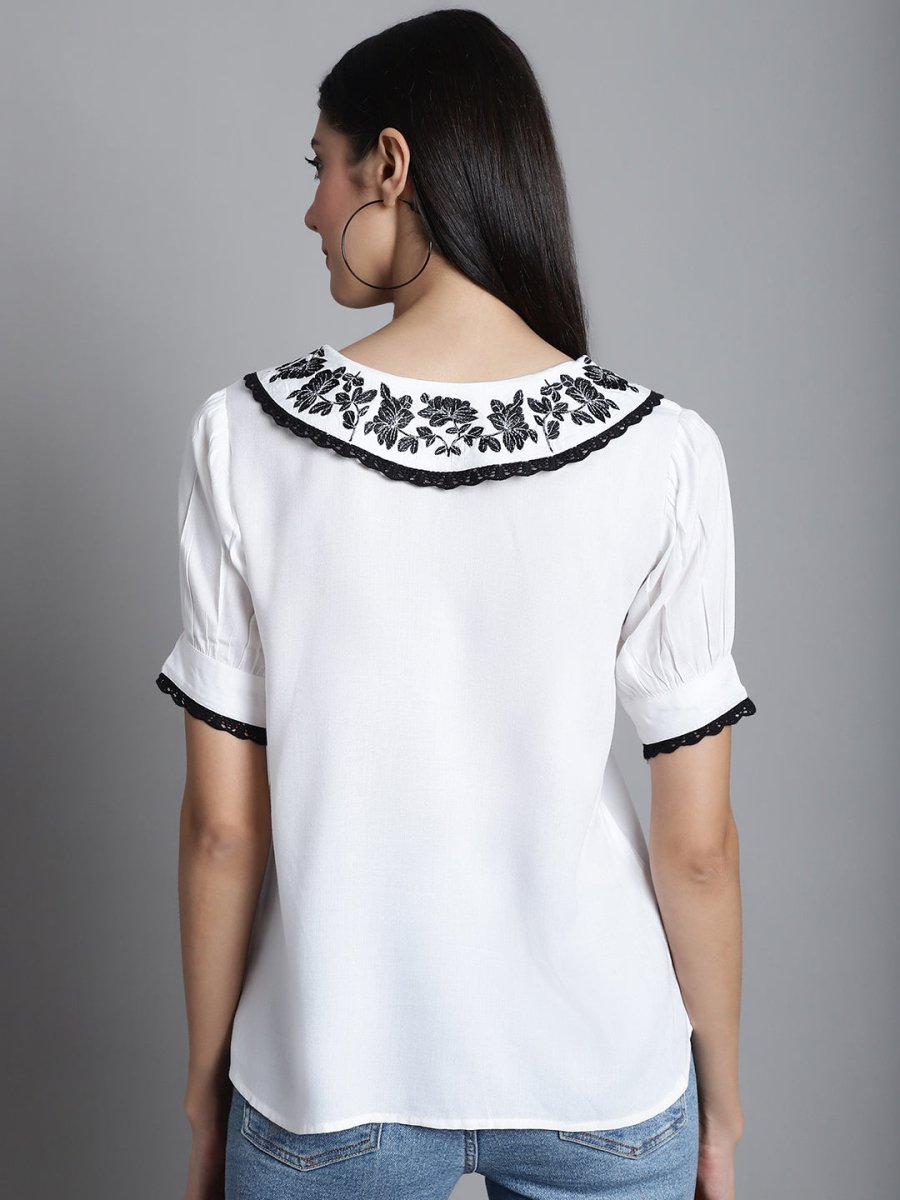 Embroidered Peter Pan Collar Top - JNT_2018White_XS