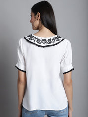 Embroidered Peter Pan Collar Top - JNT_2018White_XS