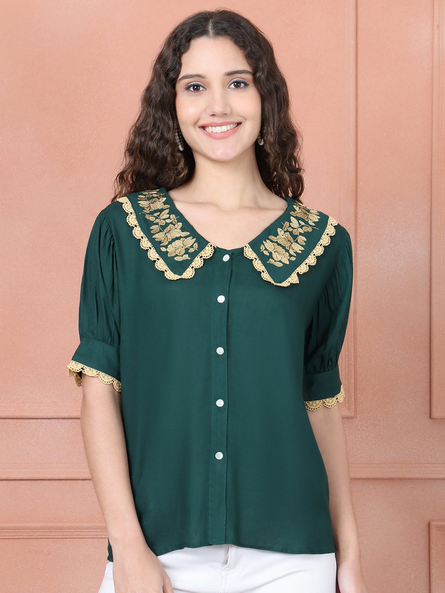 Embroidered Peter Pan Collar Top - JNT_2018Olive_XS