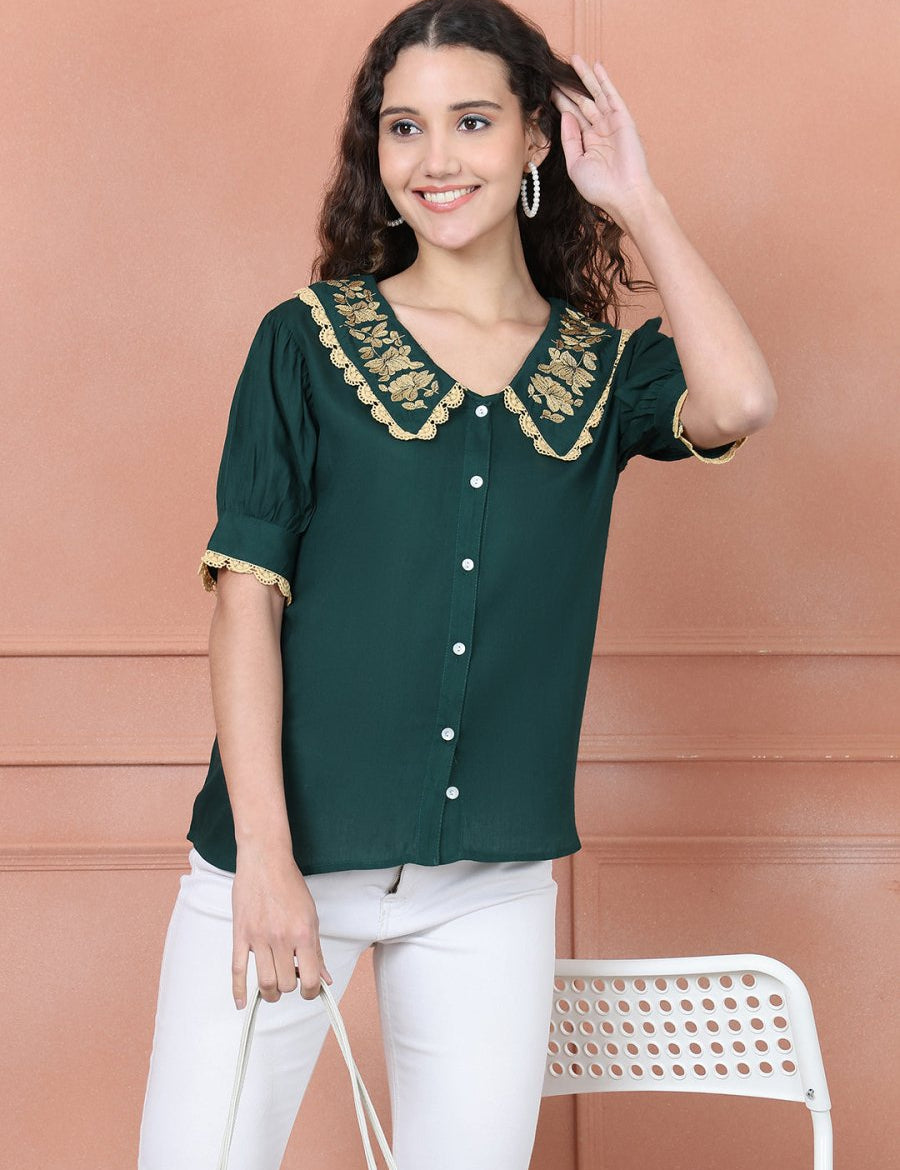 Embroidered Peter Pan Collar Top - JNT_2018Olive_XS