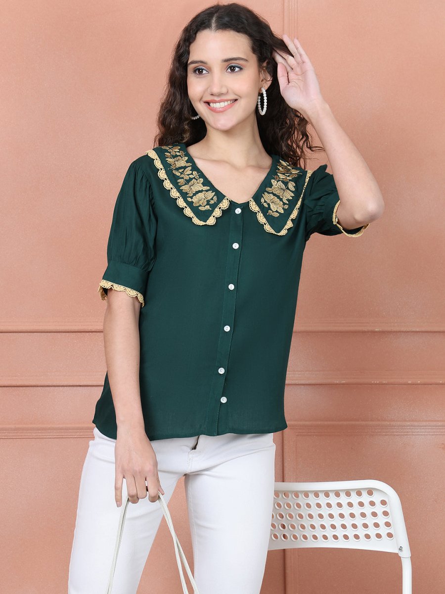 Embroidered Peter Pan Collar Top - JNT_2018Olive_XS
