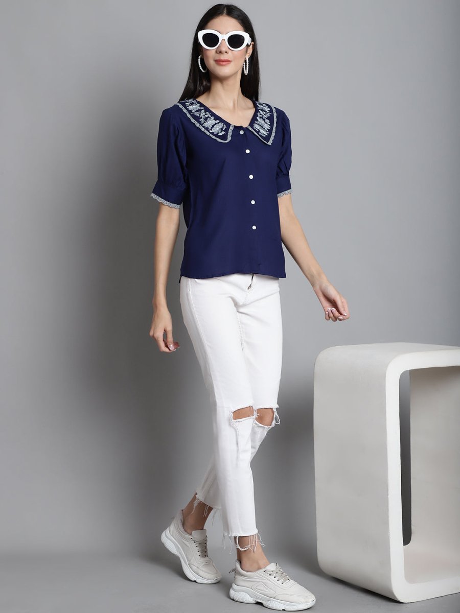 Embroidered Peter Pan Collar Top - JNT_2018Navy_XS