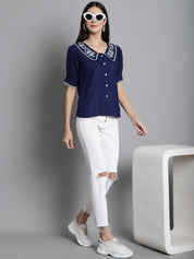Embroidered Peter Pan Collar Top - JNT_2018Navy_XS