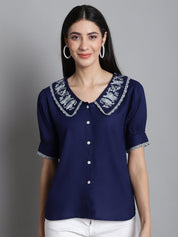Embroidered Peter Pan Collar Top - JNT_2018Navy_XS