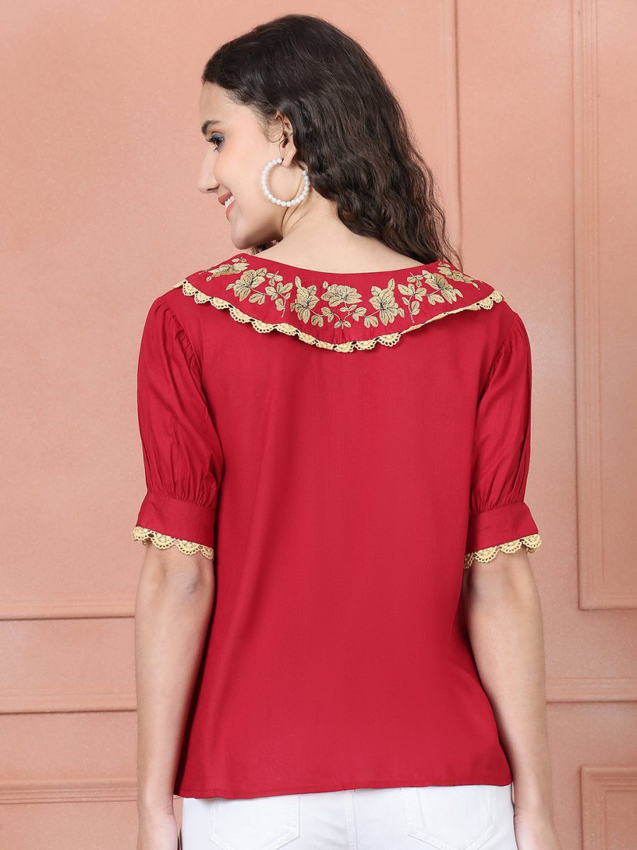 Embroidered Peter Pan Collar Top - JNT_2018Red_XS