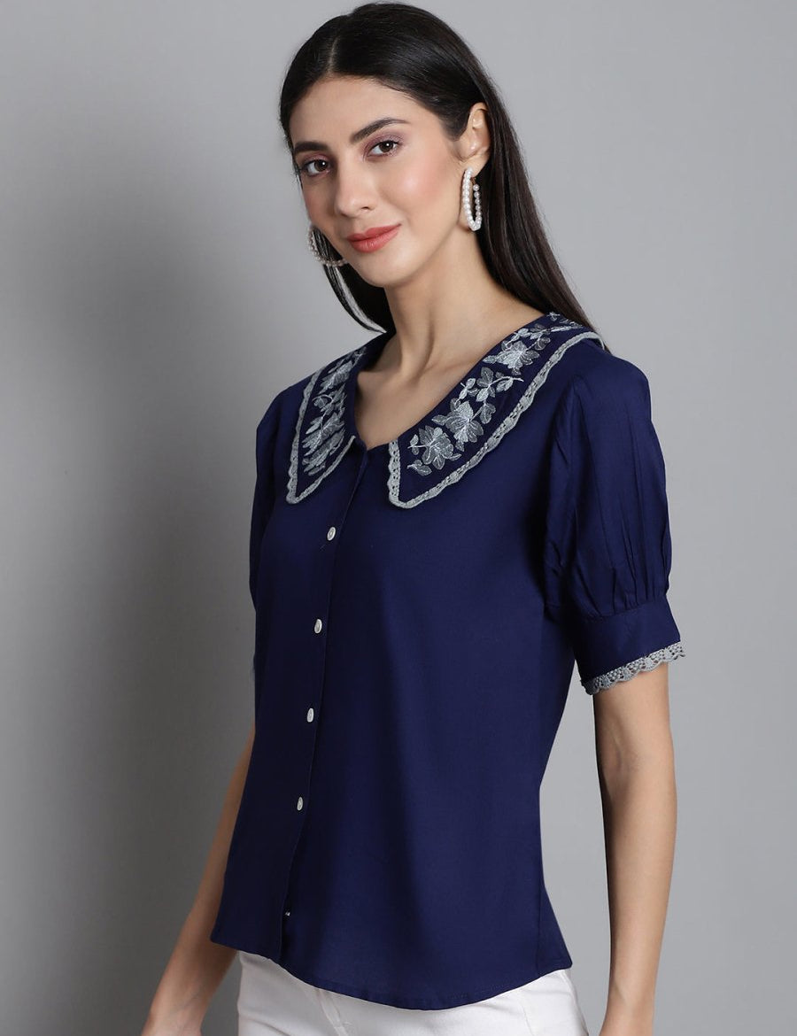 Embroidered Peter Pan Collar Top - JNT_2018Navy_XS