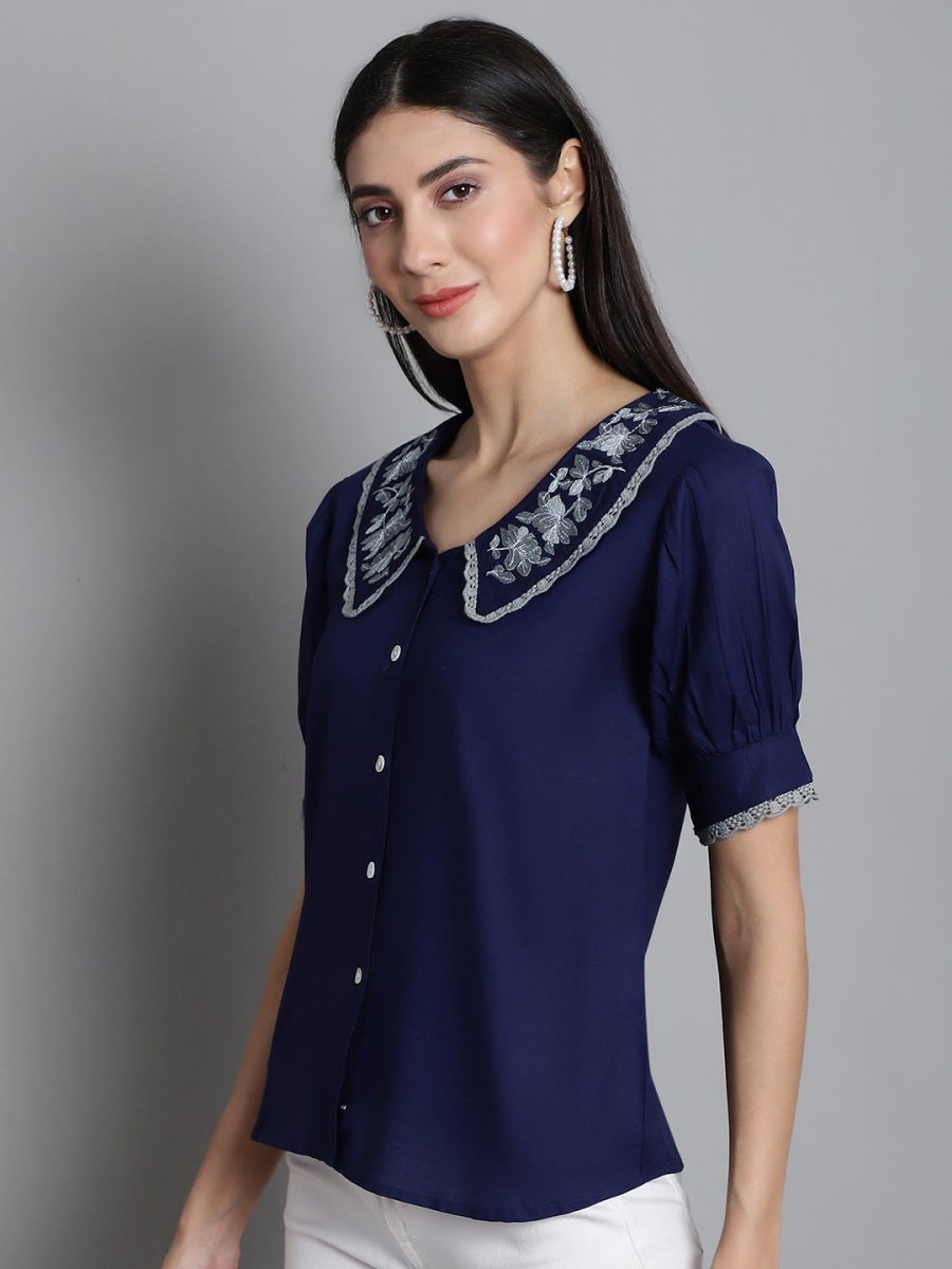 Embroidered Peter Pan Collar Top - JNT_2018Navy_XS