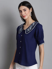 Embroidered Peter Pan Collar Top - JNT_2018Navy_XS