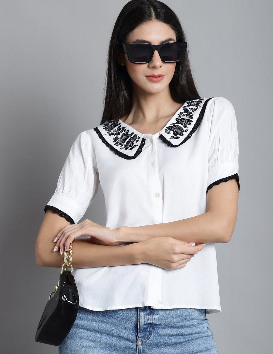 Embroidered Peter Pan Collar Top - JNT_2018White_XS
