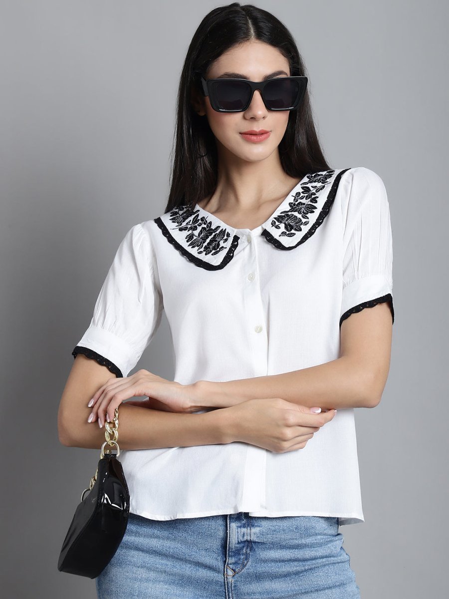 Embroidered Peter Pan Collar Top - JNT_2018White_XS