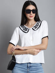 Embroidered Peter Pan Collar Top - JNT_2018White_XS