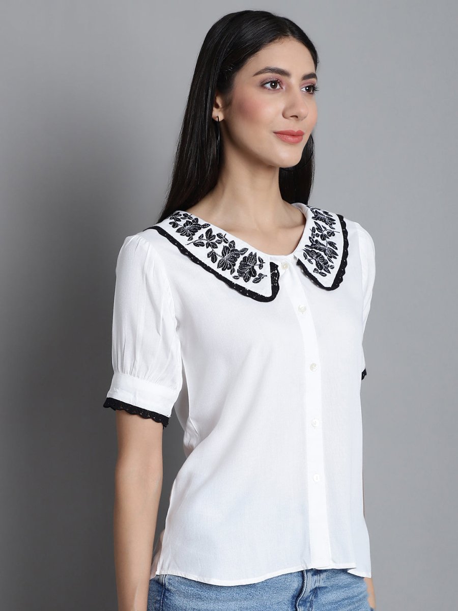 Embroidered Peter Pan Collar Top - JNT_2018White_XS