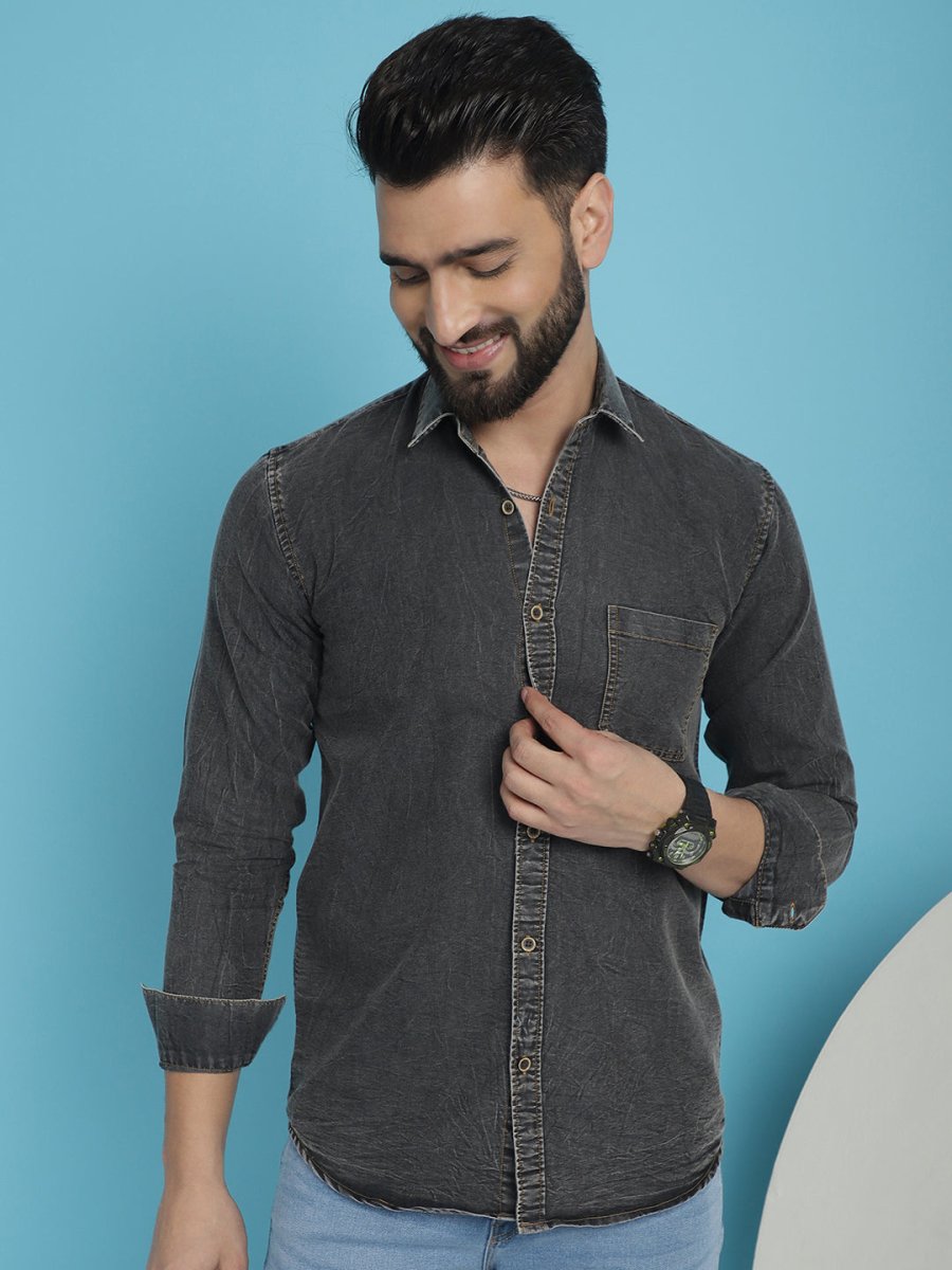 Faded Cotton Denim Casual Shirt for Men - SF_926Charcoal_S