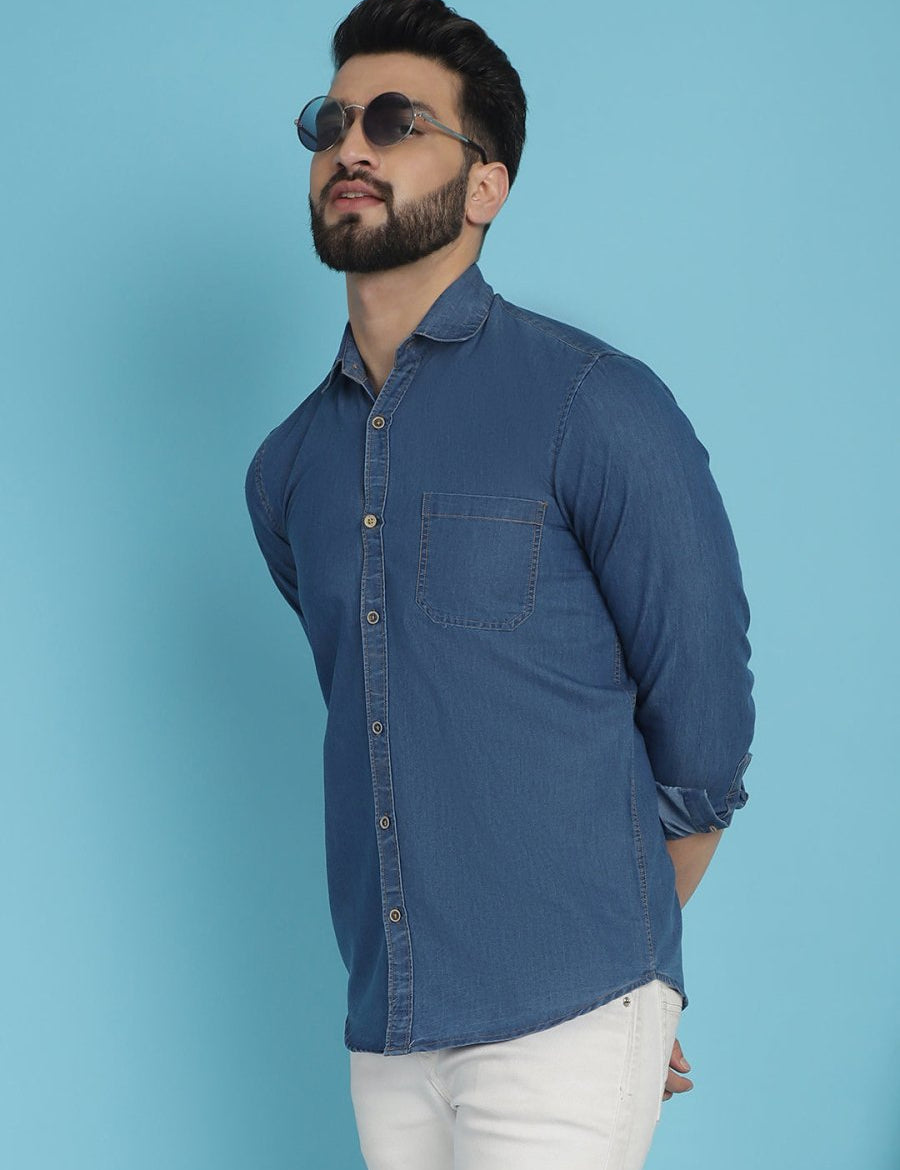 Faded Cotton Denim Casual Shirt for Men - SF_926Blue_S