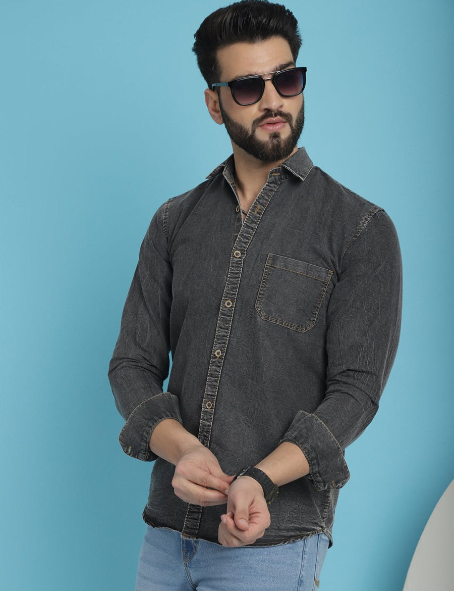 Faded Cotton Denim Casual Shirt for Men - SF_926Charcoal_S