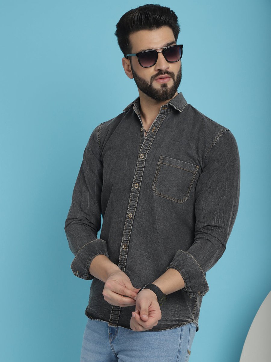 Faded Cotton Denim Casual Shirt for Men - SF_926Charcoal_S