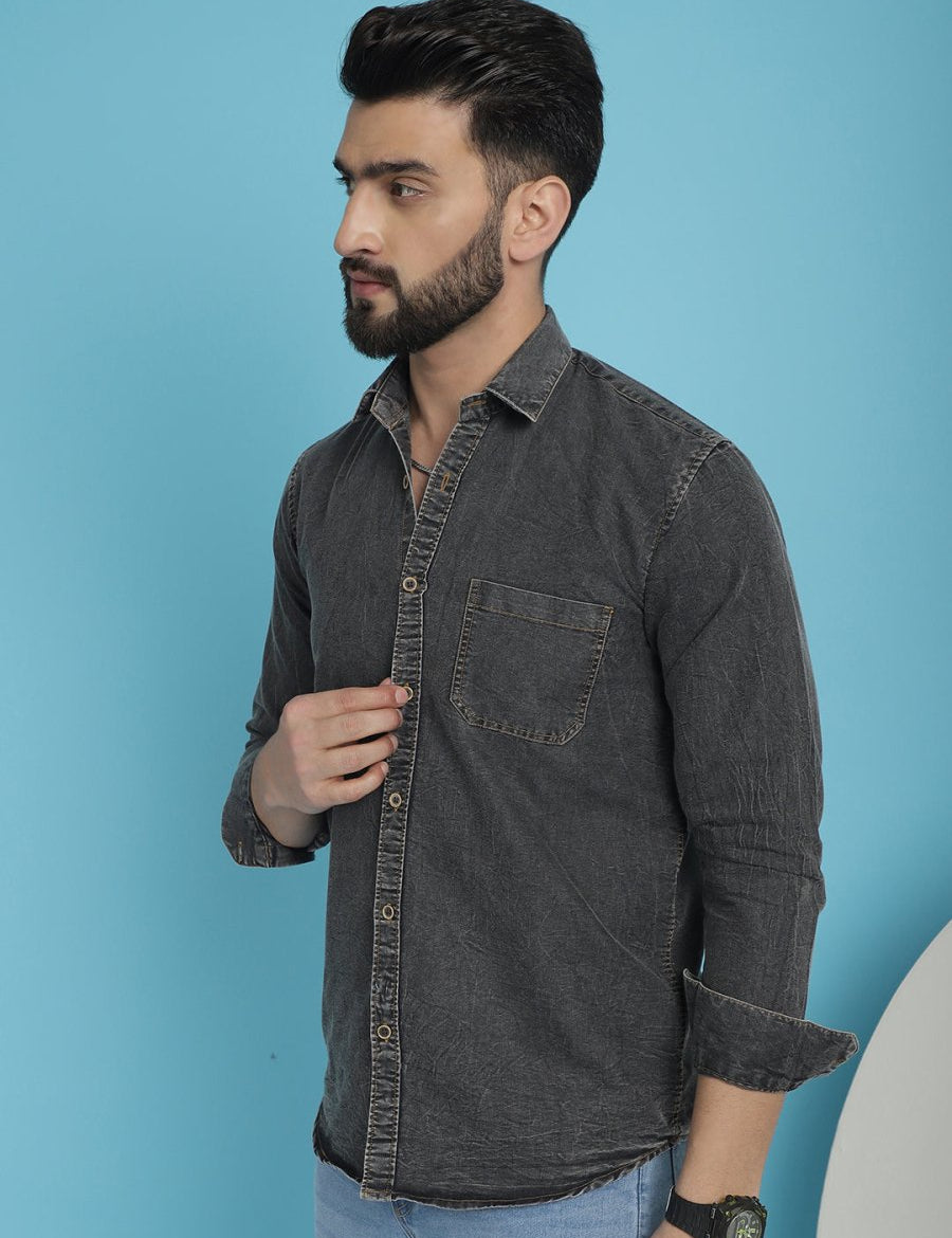 Faded Cotton Denim Casual Shirt for Men - SF_926Charcoal_S