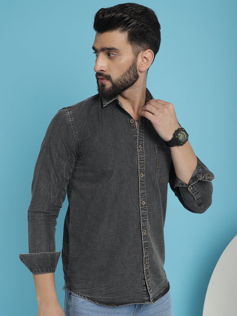 Faded Cotton Denim Casual Shirt for Men - SF_926Charcoal_S