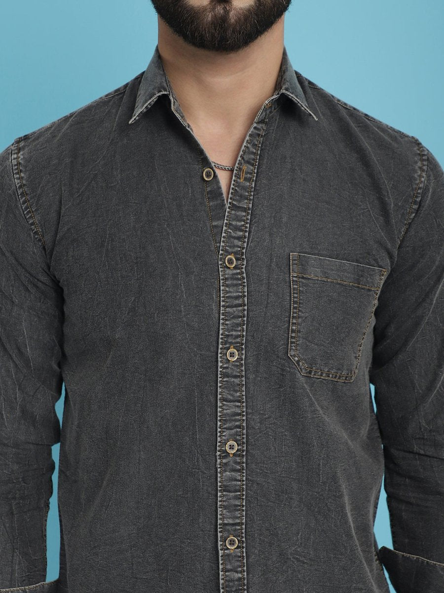Faded Cotton Denim Casual Shirt for Men - SF_926Charcoal_S