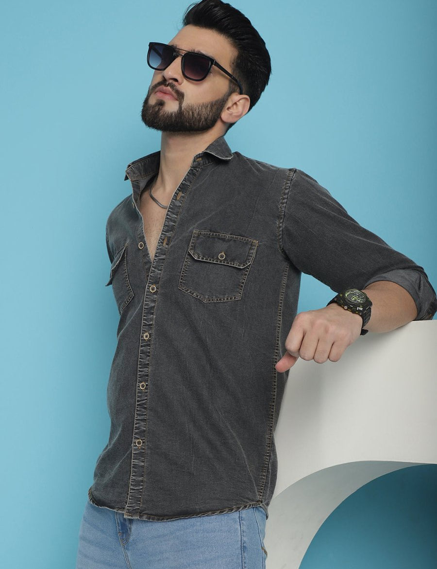 Faded Cotton Denim Casual Shirt - SF_924Charcoal_S