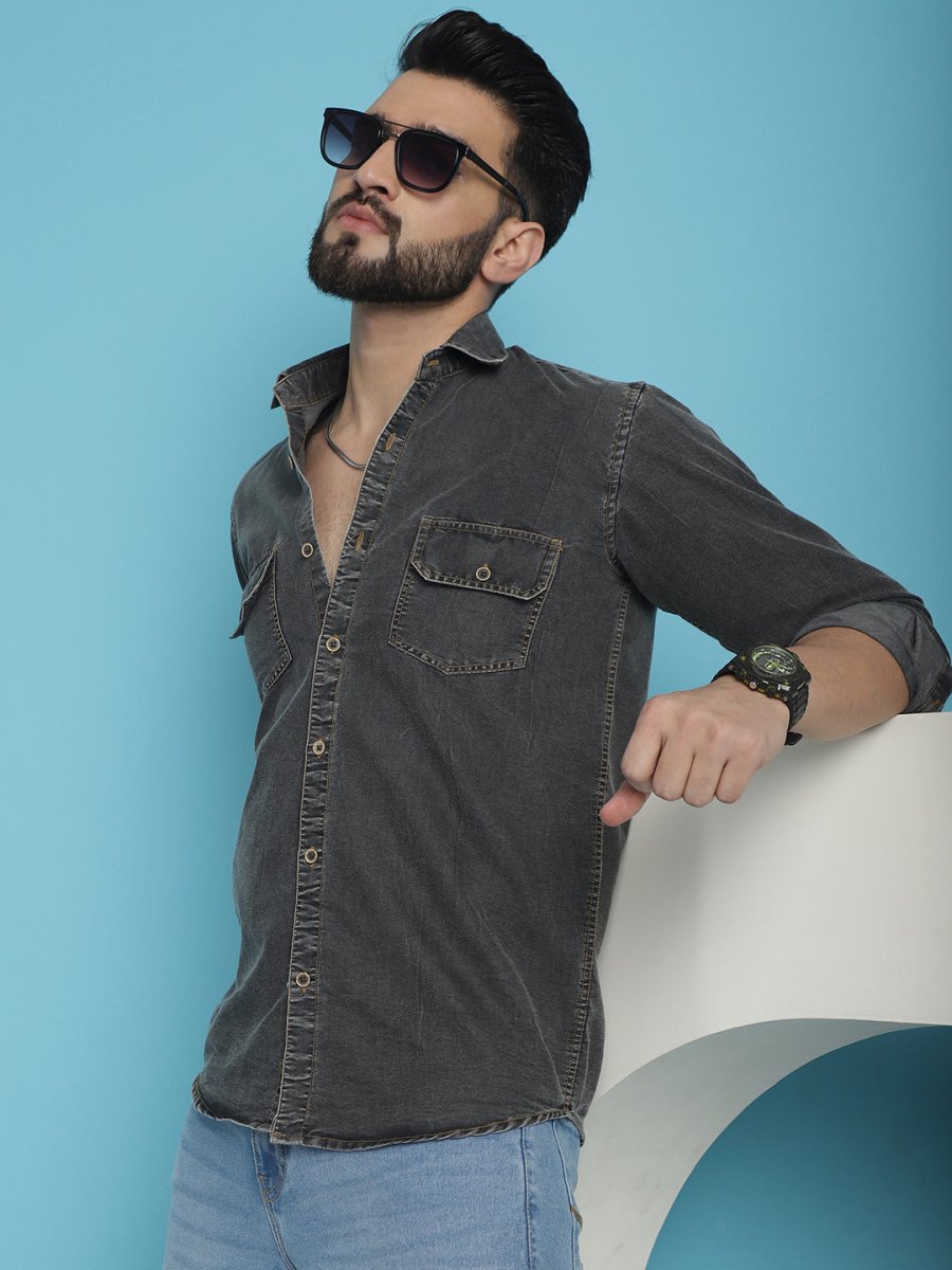 Faded Cotton Denim Casual Shirt - SF_924Charcoal_S