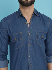 Faded Cotton Denim Casual Shirt - SF_924Blue_S